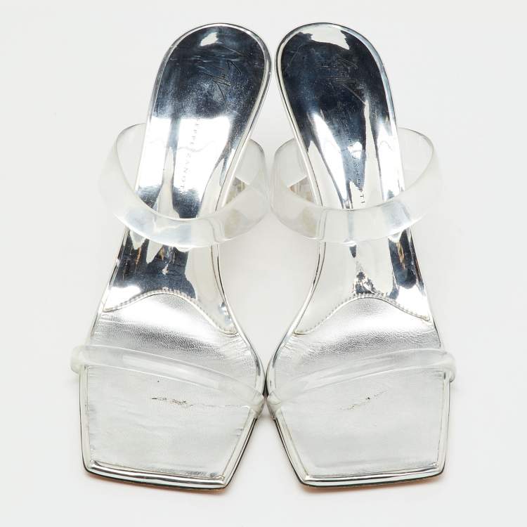 Pre Owned Giuseppe Zanotti Transparent/Silver PVC Flamina Flexi Slide Sandals Size 40.5