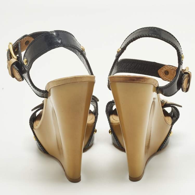 Pre Owned Giuseppe Zanotti Size 38 Black Leather and Patent Leather Ankle Strap Wedge Sandals