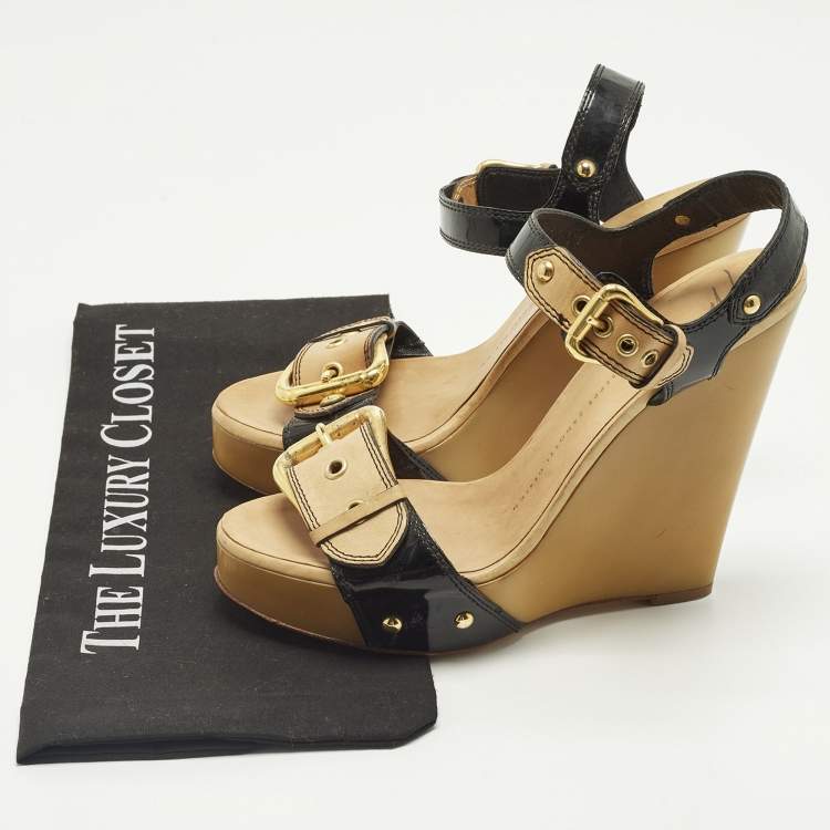 Pre Owned Giuseppe Zanotti Size 38 Black Leather and Patent Leather Ankle Strap Wedge Sandals