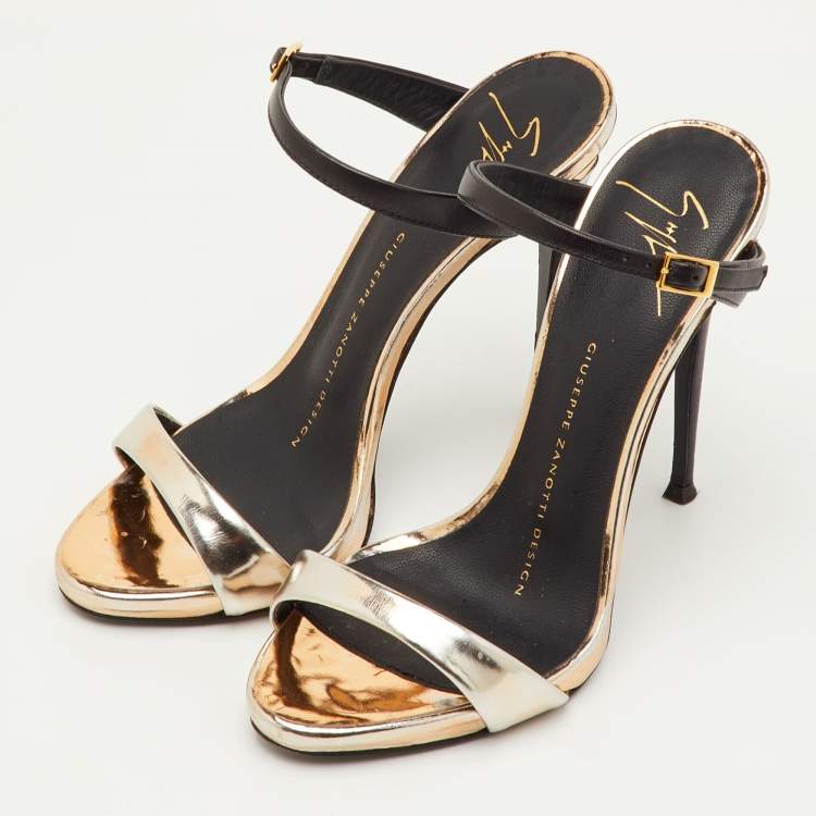Pre Owned Giuseppe Zanotti Size 34.5 Metallic/Black Foil Leather Sandals