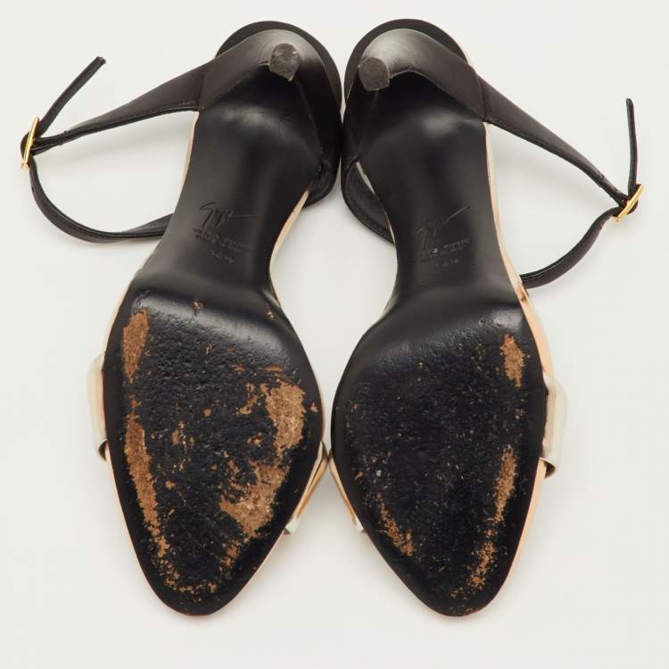 Pre Owned Giuseppe Zanotti Size 34.5 Metallic/Black Foil Leather Sandals