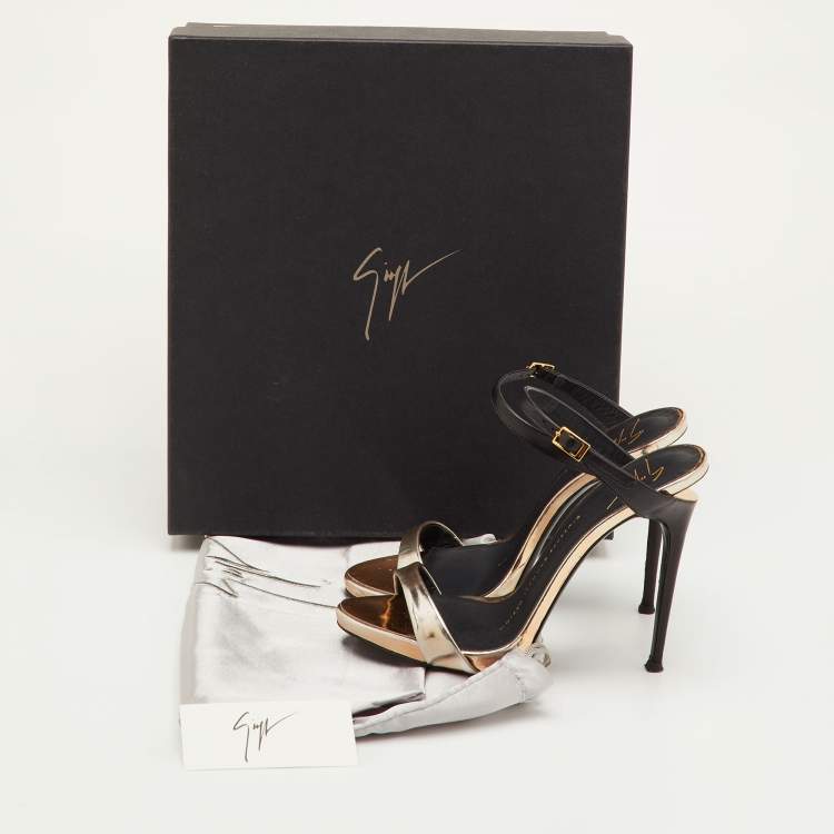 Pre Owned Giuseppe Zanotti Size 34.5 Metallic/Black Foil Leather Sandals
