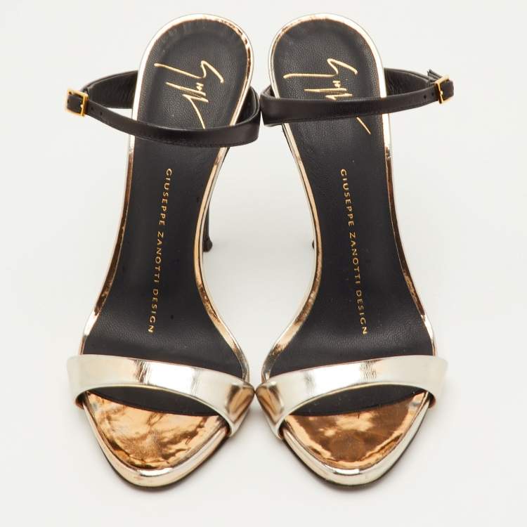 Pre Owned Giuseppe Zanotti Size 34.5 Metallic/Black Foil Leather Sandals