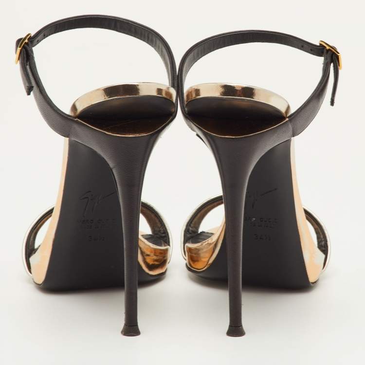 Pre Owned Giuseppe Zanotti Size 34.5 Metallic/Black Foil Leather Sandals