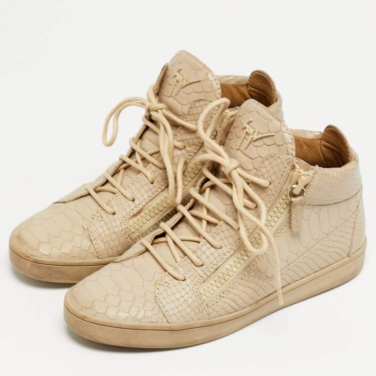 Pre Owned Giuseppe Zanotti Kriss Size 38.5 Beige Croc Embossed Leather Lace Up Sneakers