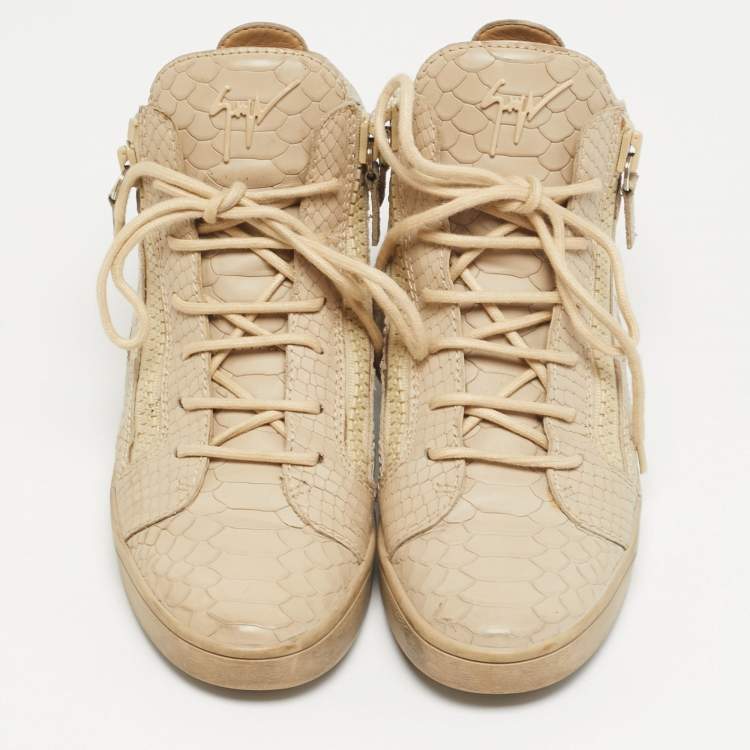 Pre Owned Giuseppe Zanotti Kriss Size 38.5 Beige Croc Embossed Leather Lace Up Sneakers