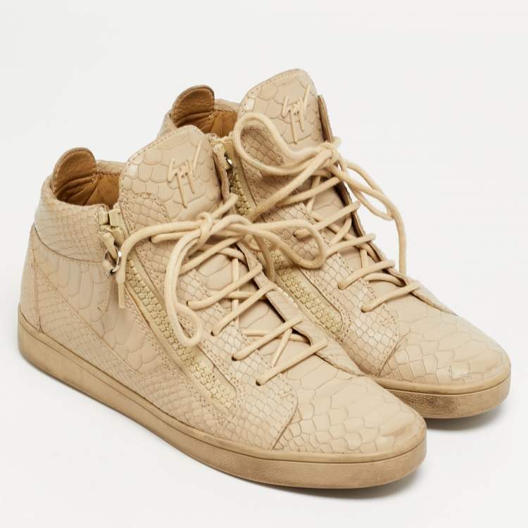 Pre Owned Giuseppe Zanotti Kriss Size 38.5 Beige Croc Embossed Leather Lace Up Sneakers