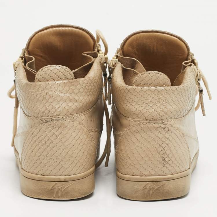 Pre Owned Giuseppe Zanotti Kriss Size 38.5 Beige Croc Embossed Leather Lace Up Sneakers