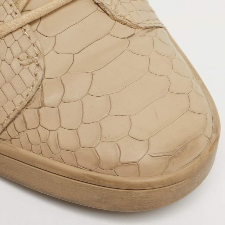 Pre Owned Giuseppe Zanotti Kriss Size 38.5 Beige Croc Embossed Leather Lace Up Sneakers