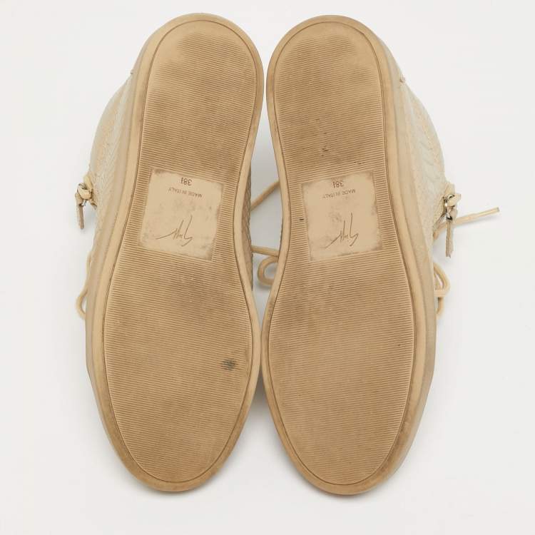 Pre Owned Giuseppe Zanotti Kriss Size 38.5 Beige Croc Embossed Leather Lace Up Sneakers