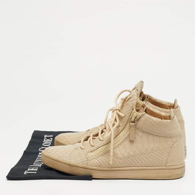 Pre Owned Giuseppe Zanotti Kriss Size 38.5 Beige Croc Embossed Leather Lace Up Sneakers