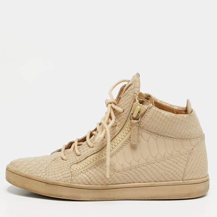 Pre Owned Giuseppe Zanotti Kriss Size 38.5 Beige Croc Embossed Leather Lace Up Sneakers