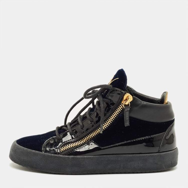 Pre Owned Giuseppe Zanotti Size 38 Navy Blue/Black Patent Leather and Velvet High Top Sneakers