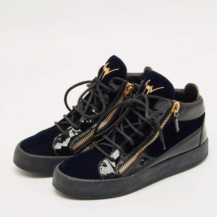 Pre Owned Giuseppe Zanotti Size 38 Navy Blue/Black Patent Leather and Velvet High Top Sneakers