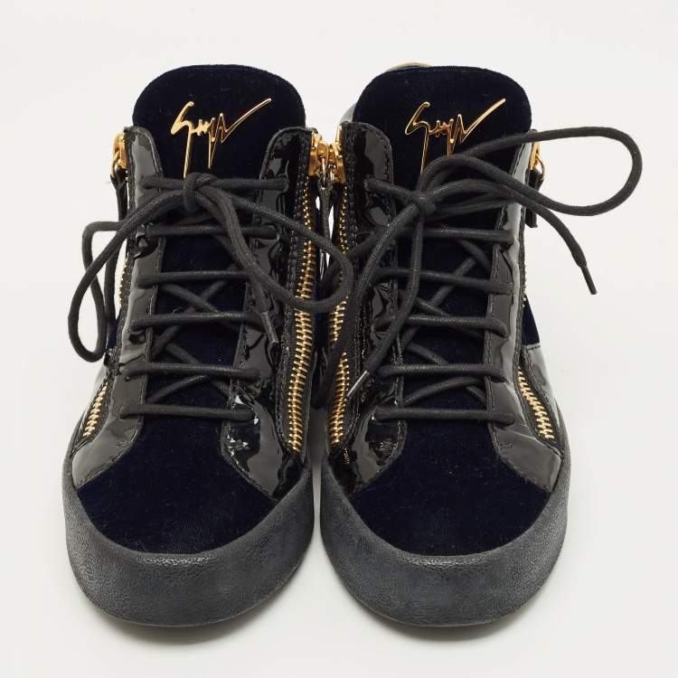 Pre Owned Giuseppe Zanotti Size 38 Navy Blue/Black Patent Leather and Velvet High Top Sneakers