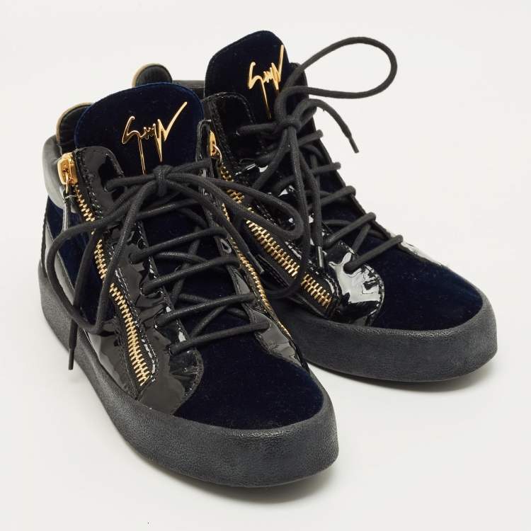 Pre Owned Giuseppe Zanotti Size 38 Navy Blue/Black Patent Leather and Velvet High Top Sneakers