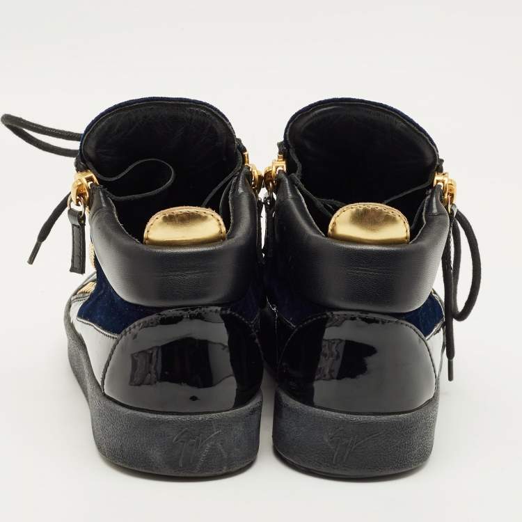 Pre Owned Giuseppe Zanotti Size 38 Navy Blue/Black Patent Leather and Velvet High Top Sneakers