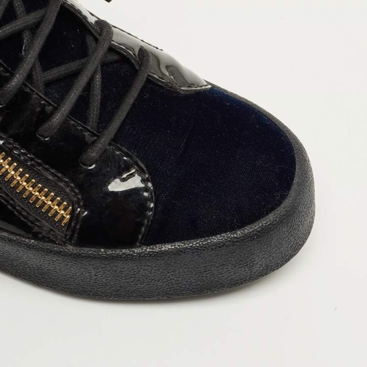 Pre Owned Giuseppe Zanotti Size 38 Navy Blue/Black Patent Leather and Velvet High Top Sneakers
