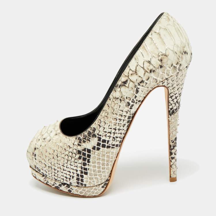 Pre Owned Giuseppe Zanotti Sharon Size 38.5 Cream Python Embossed Leather Peep Toe Pumps
