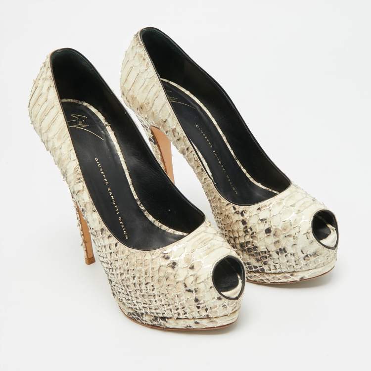 Pre Owned Giuseppe Zanotti Sharon Size 38.5 Cream Python Embossed Leather Peep Toe Pumps
