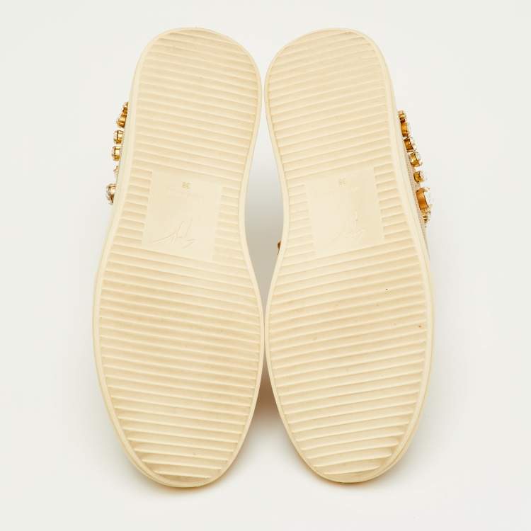 Pre Owned Giuseppe Zanotti May London Size 38 Beige Mesh and Suede Crystal Embellished Sneakers