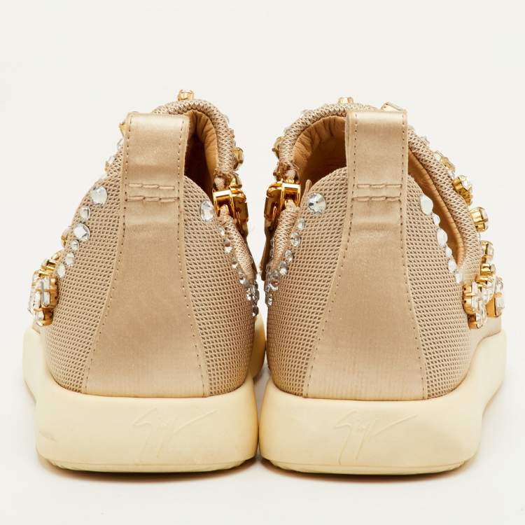 Pre Owned Giuseppe Zanotti May London Size 38 Beige Mesh and Suede Crystal Embellished Sneakers