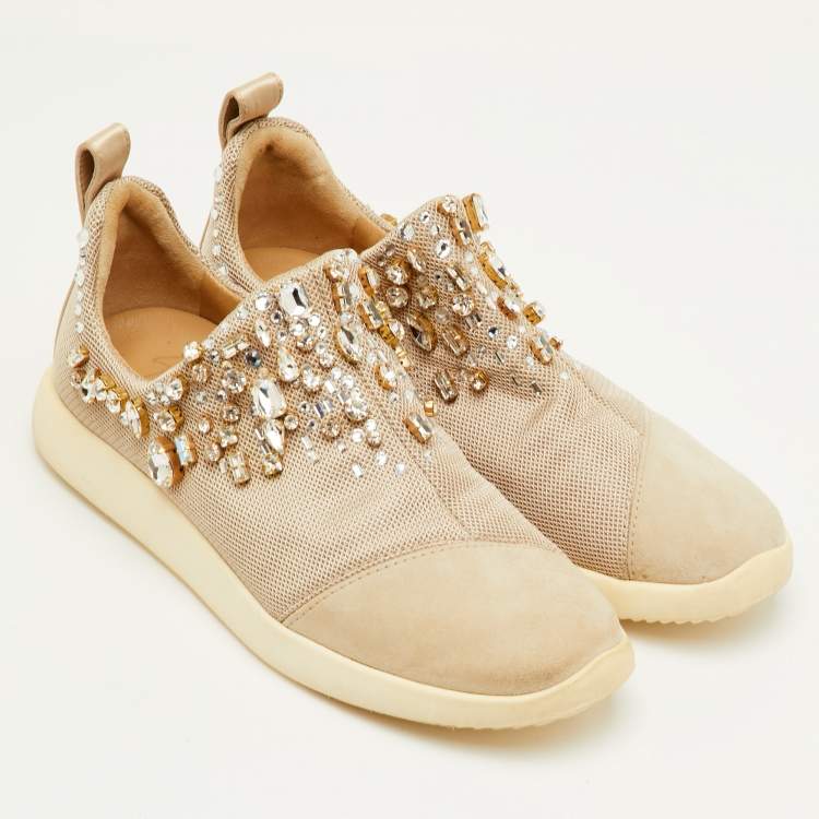 Pre Owned Giuseppe Zanotti May London Size 38 Beige Mesh and Suede Crystal Embellished Sneakers