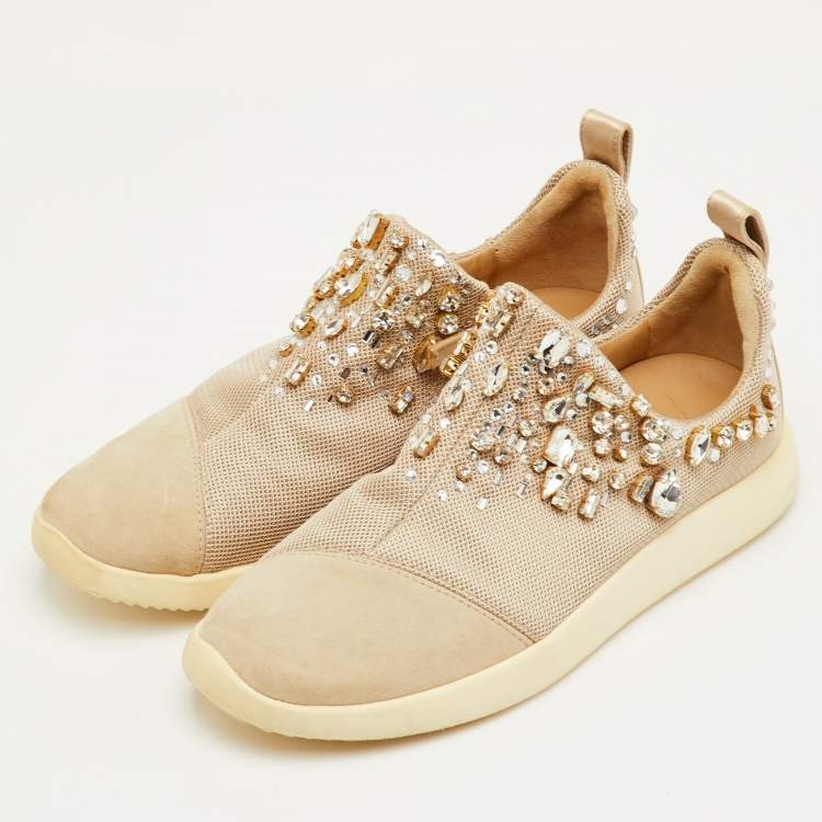 Pre Owned Giuseppe Zanotti May London Size 38 Beige Mesh and Suede Crystal Embellished Sneakers