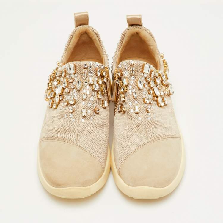 Pre Owned Giuseppe Zanotti May London Size 38 Beige Mesh and Suede Crystal Embellished Sneakers
