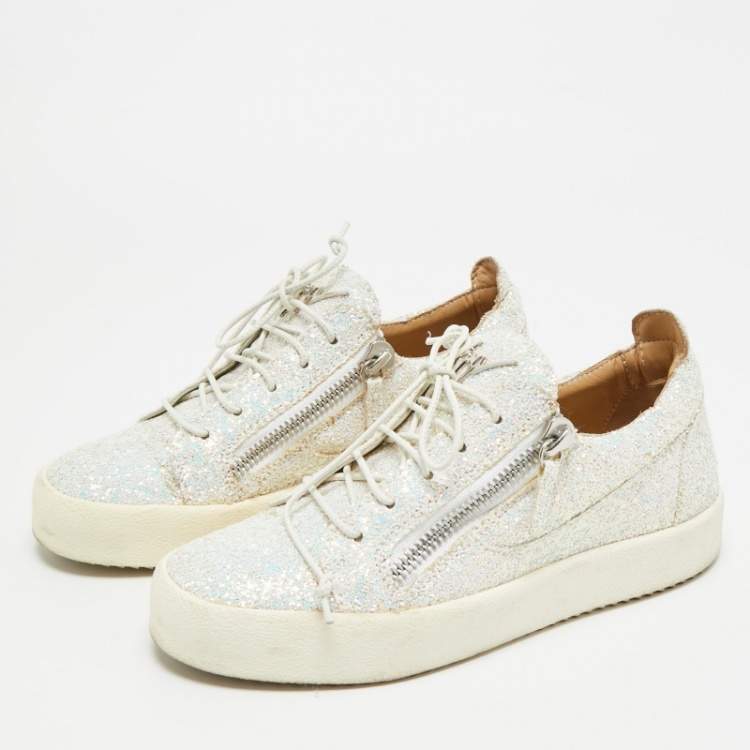 Pre Owned Giuseppe Zanotti Frankie Size 37 Multicolor Glitter and Leather Lace Up Sneakers