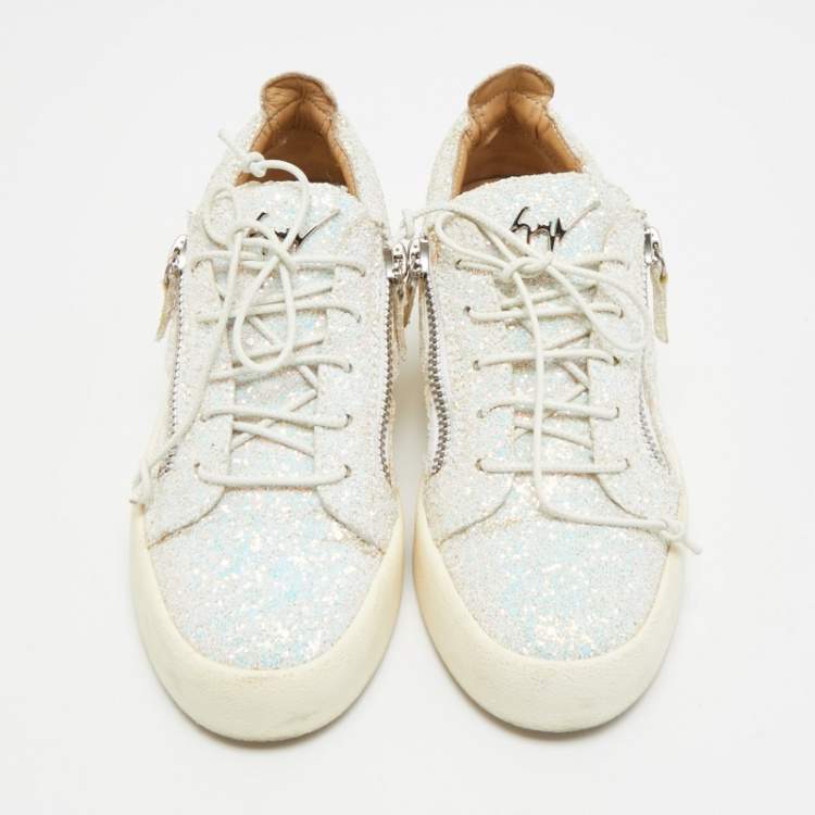 Pre Owned Giuseppe Zanotti Frankie Size 37 Multicolor Glitter and Leather Lace Up Sneakers