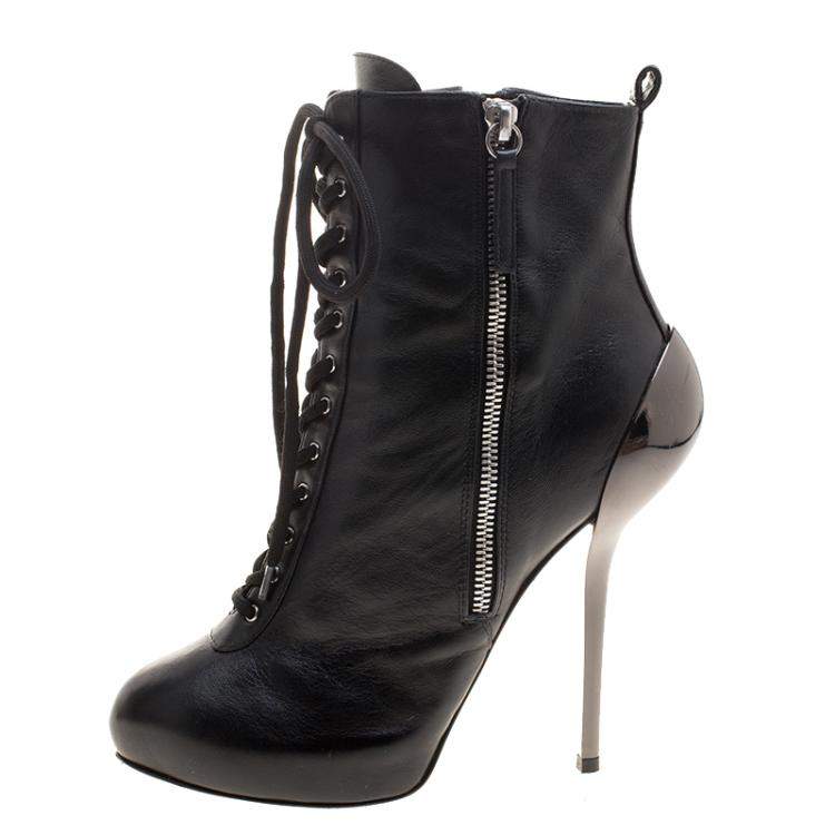 Pre Owned Giuseppe Zanotti Black Leather Lace Up Boots Size 37