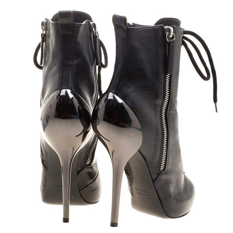 Pre Owned Giuseppe Zanotti Black Leather Lace Up Boots Size 37