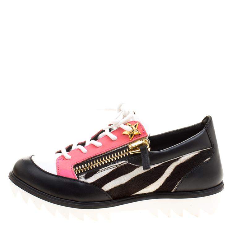 Pre Owned Giuseppe Zanotti Multicolor Zebra Print Pony Hair and Leather Lace Up Sneakers Size 37