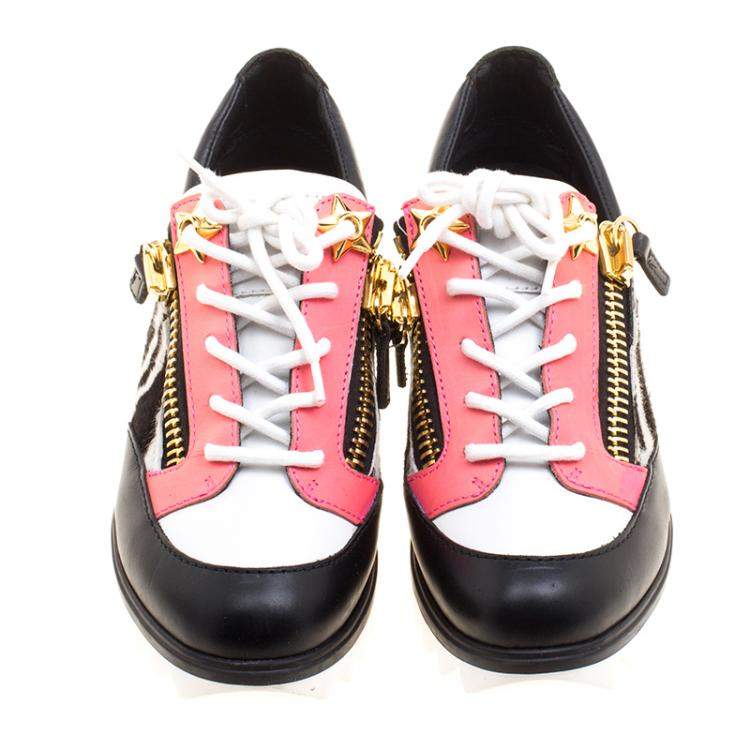 Pre Owned Giuseppe Zanotti Multicolor Zebra Print Pony Hair and Leather Lace Up Sneakers Size 37