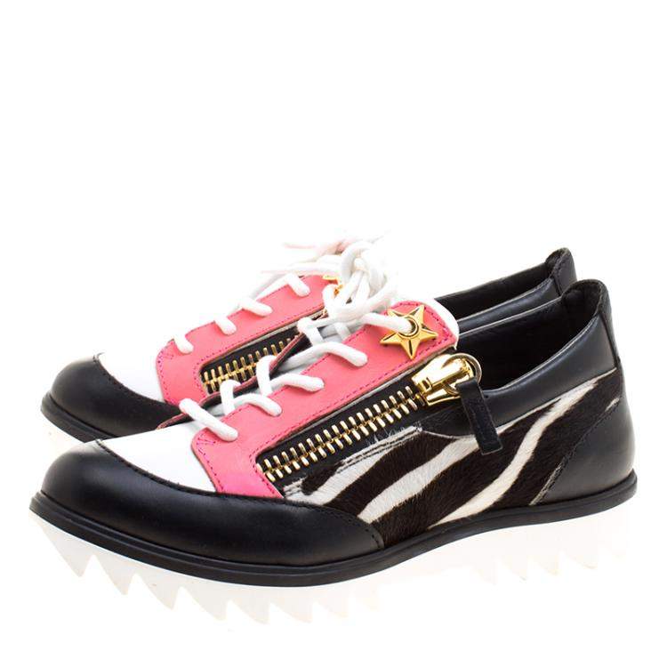 Pre Owned Giuseppe Zanotti Multicolor Zebra Print Pony Hair and Leather Lace Up Sneakers Size 37