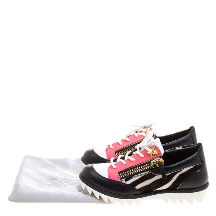 Pre Owned Giuseppe Zanotti Multicolor Zebra Print Pony Hair and Leather Lace Up Sneakers Size 37