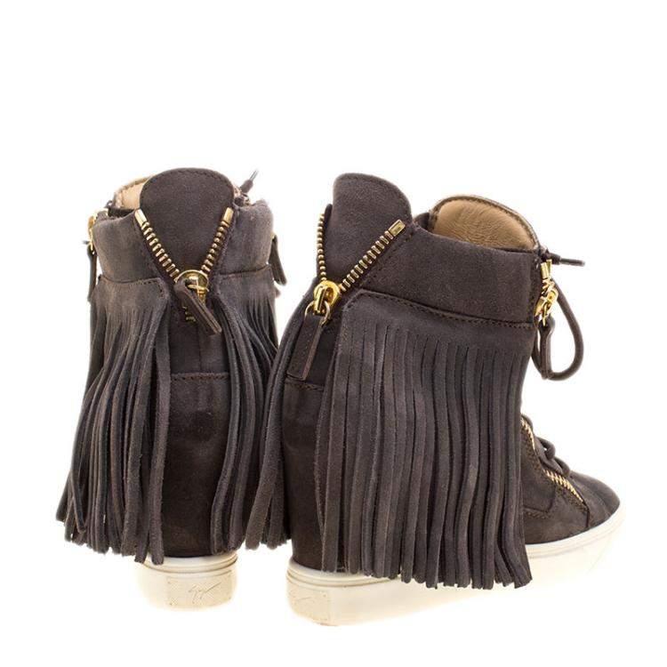 Pre Owned Giuseppe Zanotti Grey Suede Lorenz Fringe Wedge Sneakers Size 37