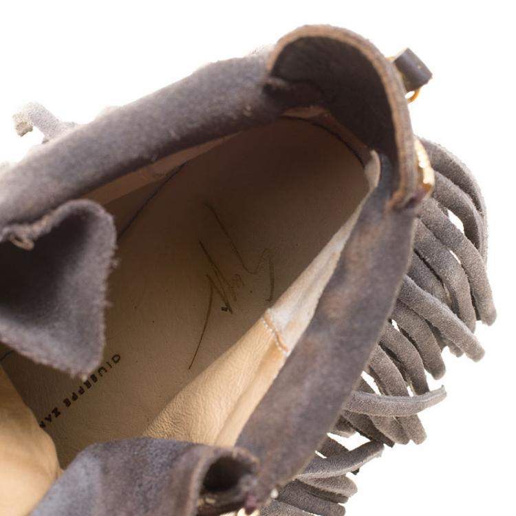 Pre Owned Giuseppe Zanotti Grey Suede Lorenz Fringe Wedge Sneakers Size 37