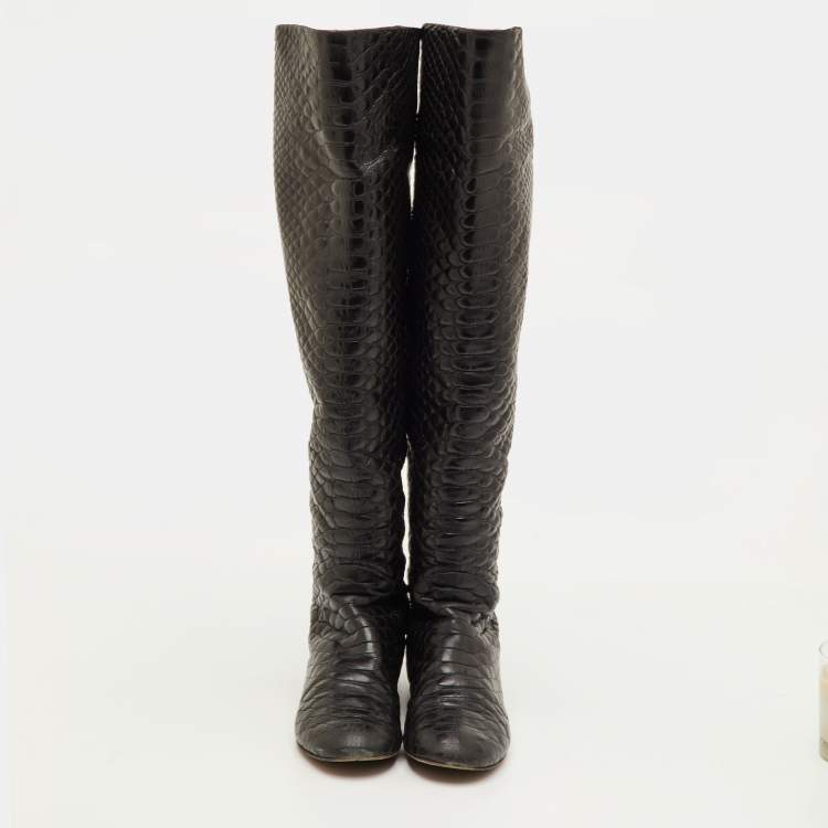 Pre Owned Giuseppe Zanotti Size 38.5 Black Snakeskin Embossed Leather Over The Knee Boots