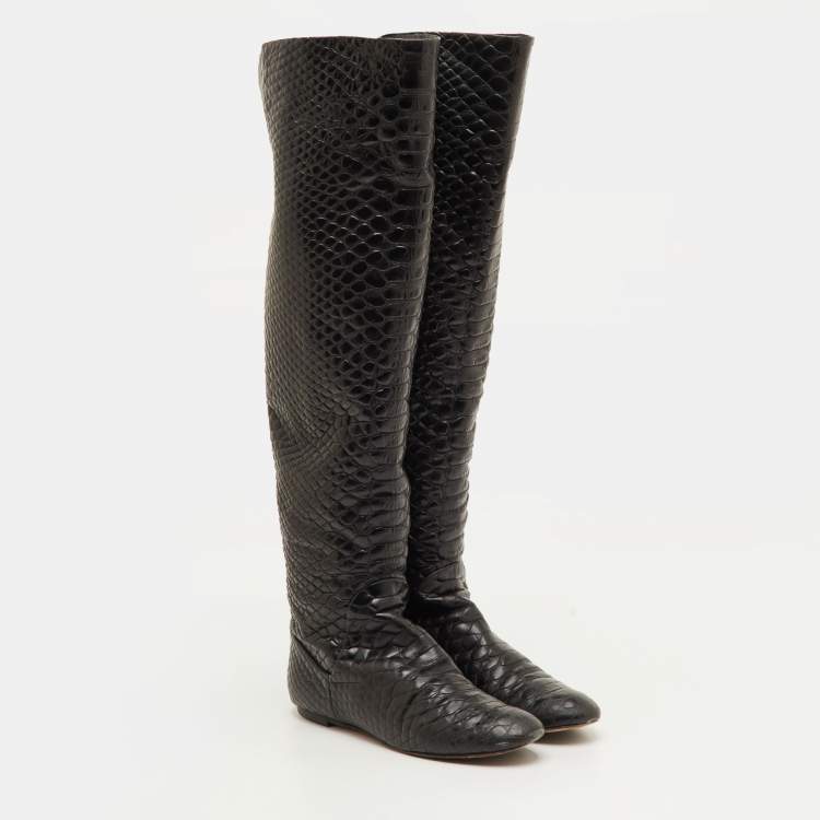 Pre Owned Giuseppe Zanotti Size 38.5 Black Snakeskin Embossed Leather Over The Knee Boots