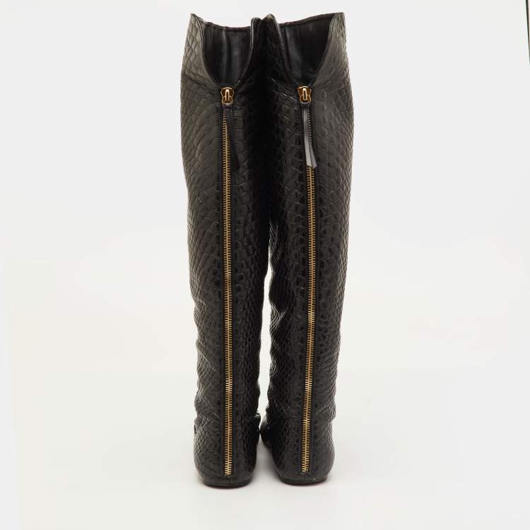 Pre Owned Giuseppe Zanotti Size 38.5 Black Snakeskin Embossed Leather Over The Knee Boots