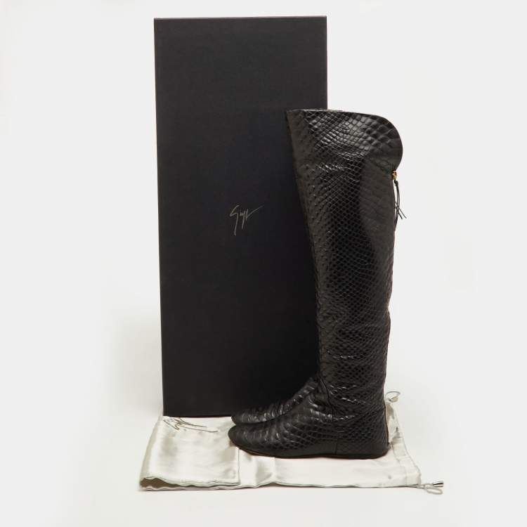 Pre Owned Giuseppe Zanotti Size 38.5 Black Snakeskin Embossed Leather Over The Knee Boots