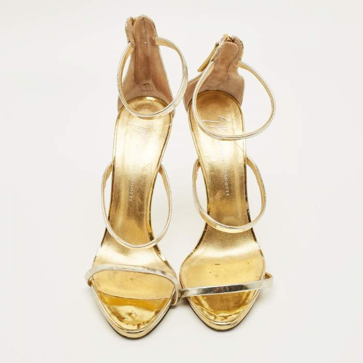 Pre Owned Giuseppe Zanotti Harmony Size 40 Gold Foil Leather Ankle Strap Sandals