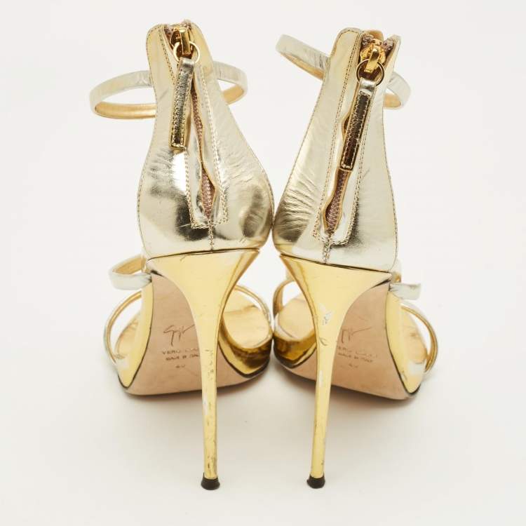Pre Owned Giuseppe Zanotti Harmony Size 40 Gold Foil Leather Ankle Strap Sandals