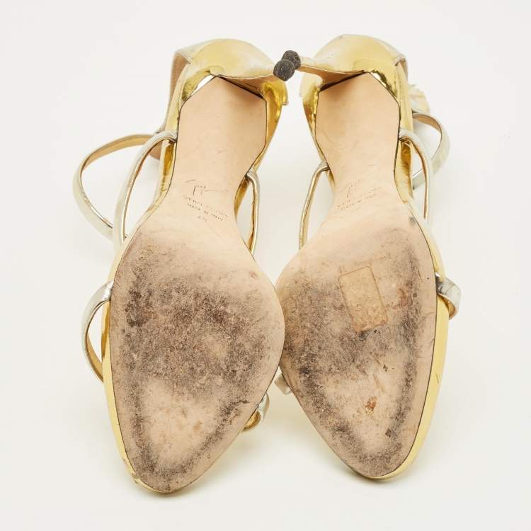 Pre Owned Giuseppe Zanotti Harmony Size 40 Gold Foil Leather Ankle Strap Sandals