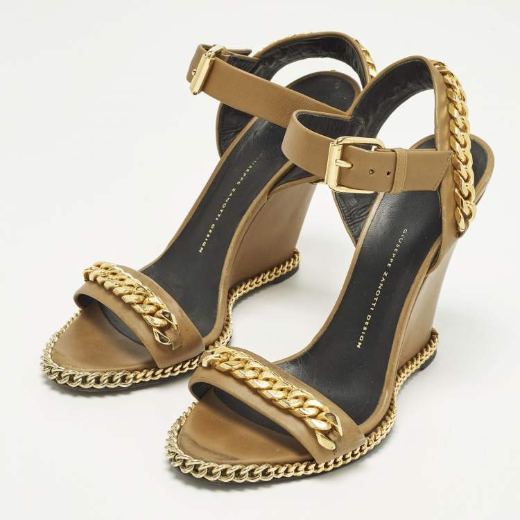 Pre Owned Giuseppe Zanotti Size 41 Brown Leather Chain Detail Wedge Sandals