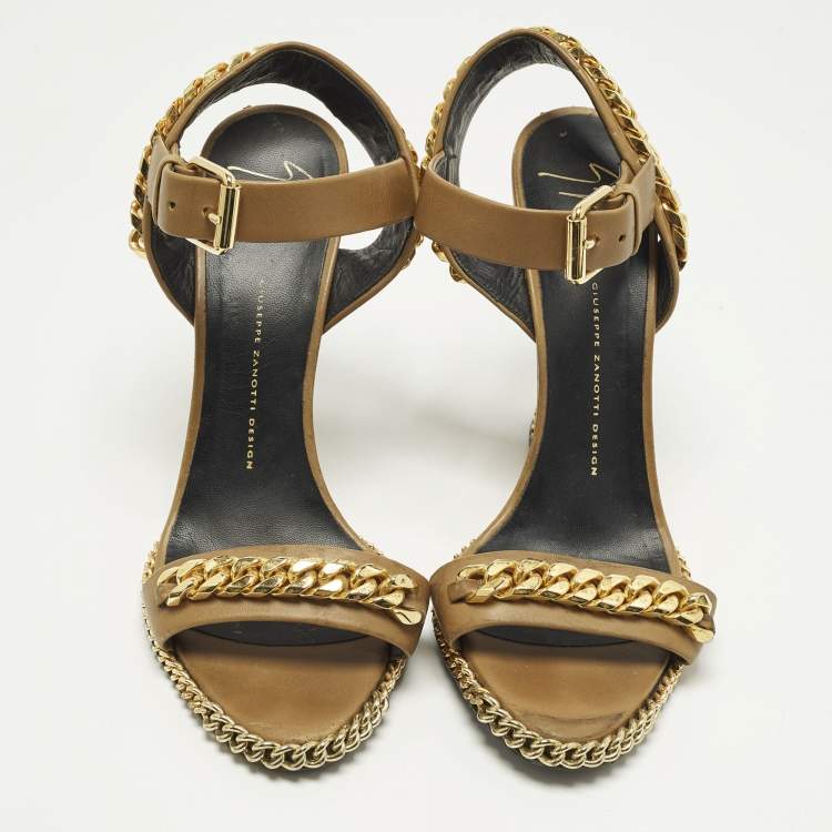 Pre Owned Giuseppe Zanotti Size 41 Brown Leather Chain Detail Wedge Sandals