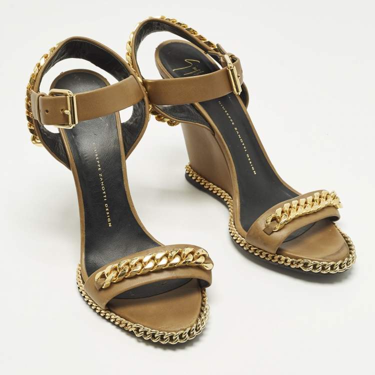 Pre Owned Giuseppe Zanotti Size 41 Brown Leather Chain Detail Wedge Sandals