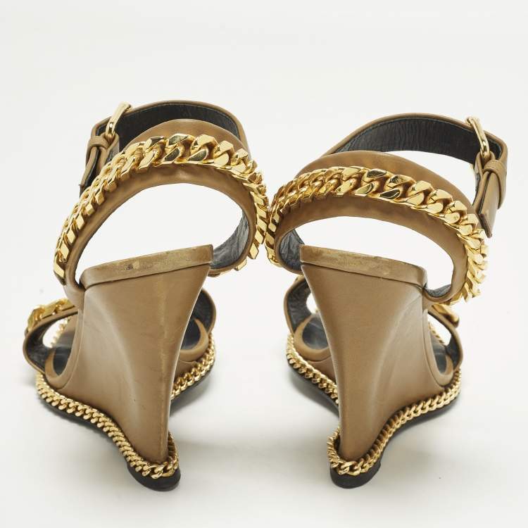 Pre Owned Giuseppe Zanotti Size 41 Brown Leather Chain Detail Wedge Sandals
